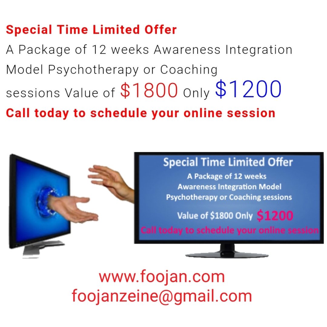 DrZeine's tweet image. Online Awareness Integration Model Therapy or Coaching Session.
foojan.com/counseling/ #awarenessintegration #awarenessintegrationmodel #awarenessintegrationmodeltherapy #awarenessintegrationmodelcoaching #teletherapy #teletherapist #onlinelifecoach #drfoojanzeine