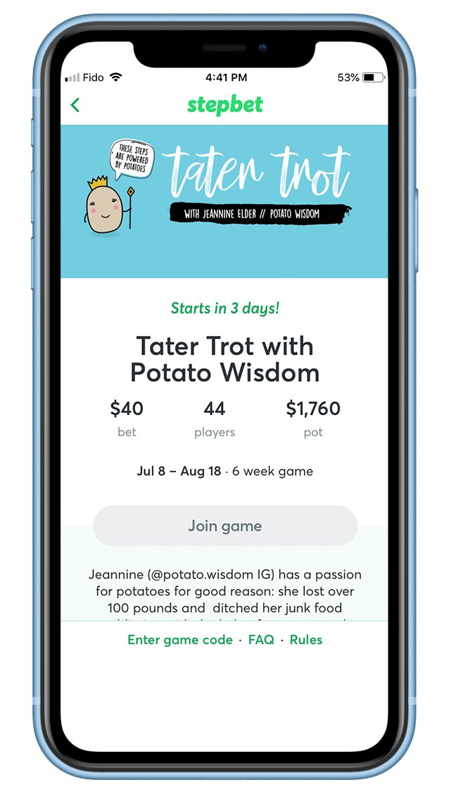 potatowisdom_'s tweet photo. From couch potato to Tater Trot. Need extra motivation to get you steps in? Tater Trot with Potato Wisdom starts July 8th.  Download the StepBet app - then search "potato".  https://t.co/LcGEbjmJJN https://t.co/iQn43Wg2fY