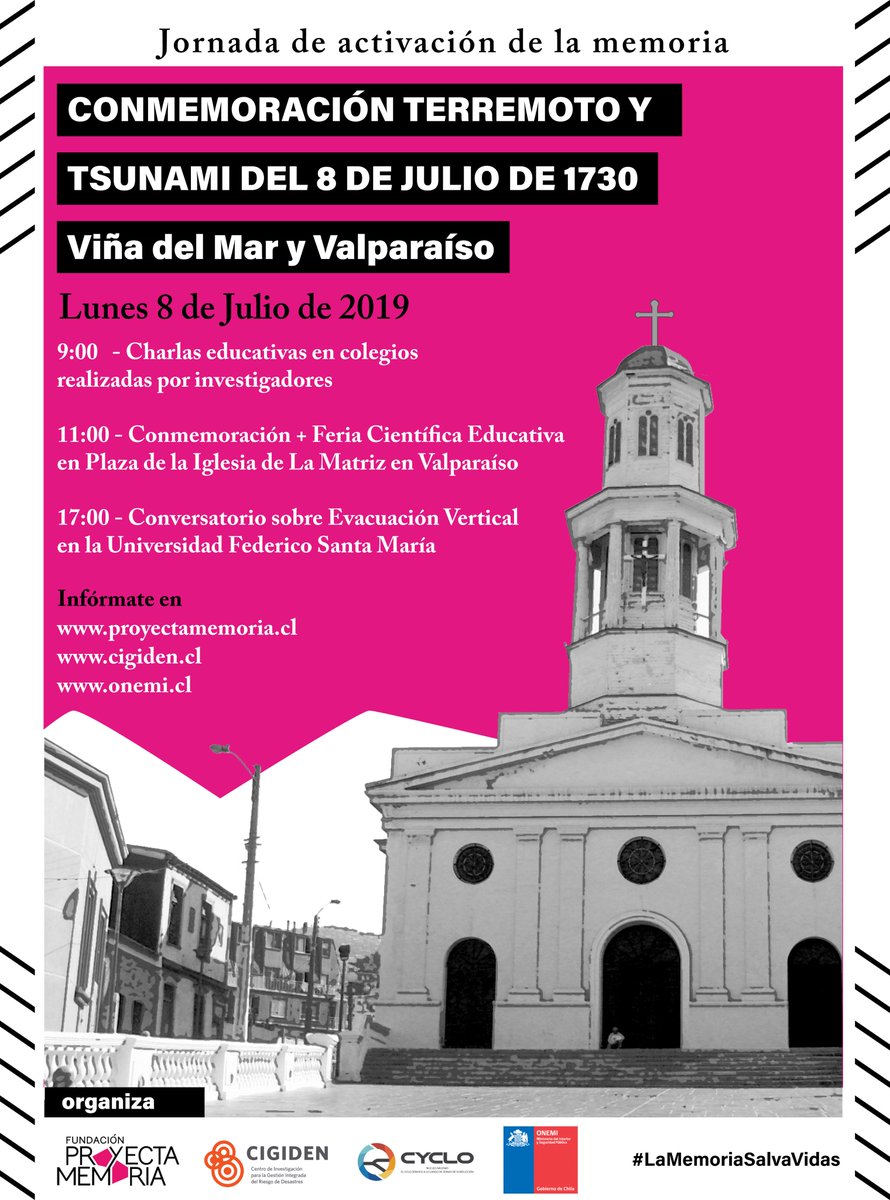 #Tsunami1730 Te esperamos este 8 de julio a las 11:00 hrs. en la Plaza de la Iglesia de La Matriz en Valparaíso para conmemorar los 289 años del terremoto de 1730 #LaMemoriaSalvaVidas <a href="/CIGIDEN/">CIGIDEN</a> <a href="/Proyectamemoria/">Proyecta Memoria</a>