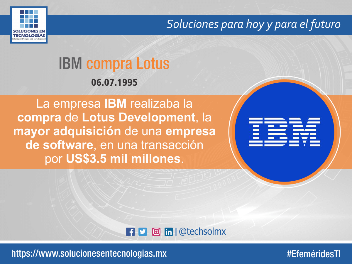 techsolmx's tweet photo. Un día como hoy (06/07/1995): La empresa IBM realizaba la compra de Lotus Development, la mayor adquisición de una empresa de software, en una transacción por US$3.5 mil millones. https://t.co/0CrC3wF3xY #SomosSoluciones #EfeméridesTI #IBM #LotusDevelopment #Software #Tecnologías https://t.co/sM51ZiFQgh