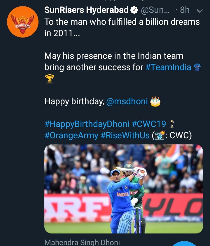 Sun Risers Hyderabad !!  #HappyBirthdayDhoni