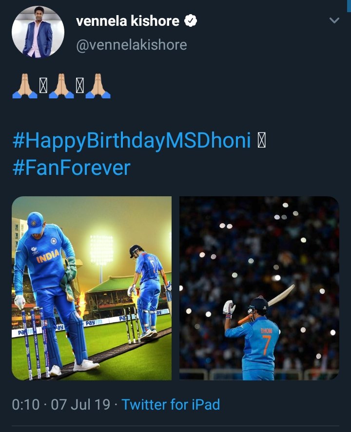  @vennelakishore Kaka wishes !! Love you Kaka.. This tweet gives me instant goosebumps as being mutual fan to both !!  #HappyBirthdayDhoni