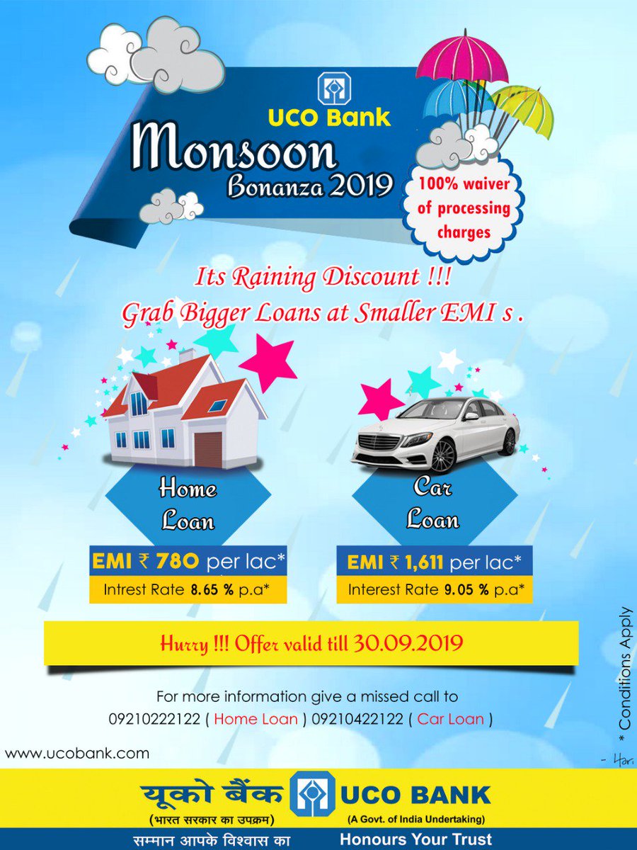 UCOBankOfficial's tweet photo. Now get Your Dream Home and Car with #UCOHome Loan and #UCOCar Loan at #ZeroProcessingCharges during #UCOBank #MonsoonBonanza2019.. Hurry! Offer valid till 30th September 2019! T & C Apply. https://t.co/GxUfFyRTTX