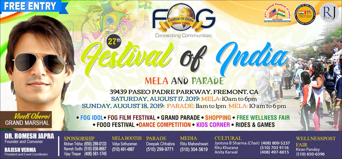 FOGSV (@fogsv) on Twitter photo FOG Parade with Grand Marshal Vivek Oberoi on August 18th at 11 am in Fremont!! Free Entry!!
<a href="/rkjapra/">Romesh Japra</a> @ritu_m_usa FOG Parade with Grand Marshal Vivek Oberoi on August 18th at 11 am in Fremont!! Free Entry!!
<a href="/rkjapra/">Romesh Japra</a> @ritu_m_usa