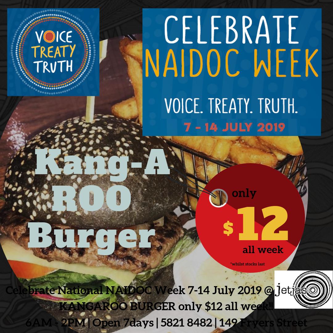 JetjasCafe's tweet image. Celebrate NAIDOC Week from 7-14 July 2019 with Jetjas Cafe. You can purchase our very own KangA-Roo Burger for only $12 All Week!!! #JetjasCafe #jetjas #NAIDOC2019  #NAIDOCWeek❤️ #NAIDOC