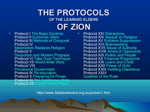 You can't understand real politics without reading and analyzing '' THE PROTOCOLS OF THE LEARNED ELDERS ZIONS''.If it's a Forgery, a Conspiracy Theory, why they fit on what's going on.If they were not genuine, why the possession of these documents was punishable by death USSR