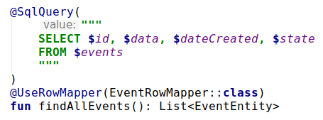 philipp_hauer's tweet photo. Using #JDBI in conjunction with #Kotlin's multi-line strings and string templates is a pleasure. We define the column names as `const val` in a separate file and wildcard import them. #SQL https://t.co/s827dYmj2C