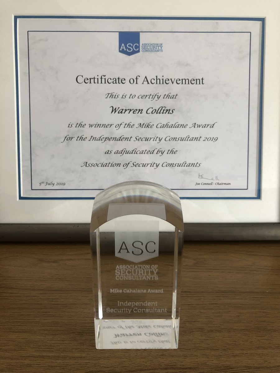 It was an honour on Friday to be awarded the winning entry in the Mike Cahalane award 2019 for Independent Security Consultant at the #HouseOfLords <a href="/assocsecurity/">Association of Security Consultants (ASC)</a>