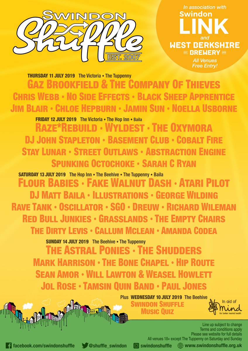 It's finally here! The Swindon Shuffle 2019 starts this week with the Music Quiz on Wednesday evening and then live music from Thursday through to Sunday (and all the live music is free entry!)

Plus as always we'll be raising money for Swindon &amp; Gloucestershire Mind