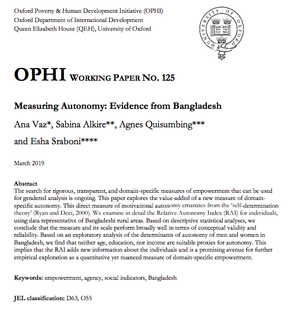 ophi_oxford's tweet photo. In OPHI Working Paper 125, Ana Vaz, Sabina Alkire, Agnes Quisum @agnesquis & Esha Sraboni @EshaSraboni test an index for measuring #autonomy in rural areas of #Bangladesh: https://t.co/gcQ3DAsMSp #empowerment #multidimensionalpoverty https://t.co/Oavn6am8H3