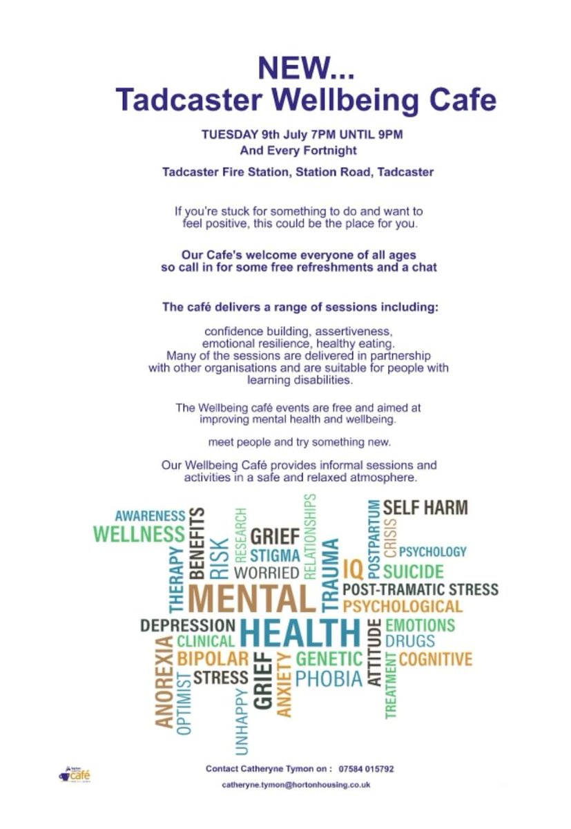 @HortonSelby is now running an evening Wellbeing Cafe at Tadcaster Fire Station LS24 9JR. Starting Tues 9th July 7pm to 9pm then every fortnight.
@NorthYorksFire @SierraZero8 @NYFRS_Wellbeing @sierra18NY @jondarnton1 @TadCitizen @c_hwny