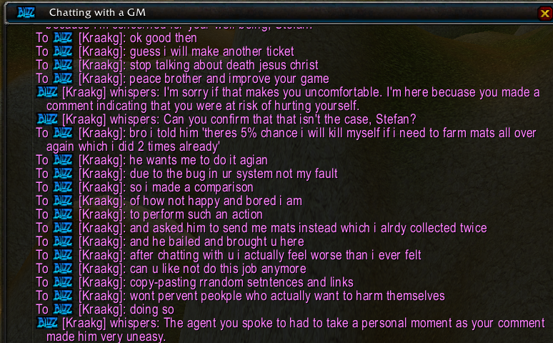 Pilavpowa's tweet photo. My  World of Warcarft mornings haha.Stuck on a quest due to a bug.Ended up talking to a 'professional' suicide preventing GM from Blizzard offices LMAO.I feel like these big companies don't care about you,they just slam these links and same messages to everyone because of law 😂 https://t.co/w1fi7LU2MM