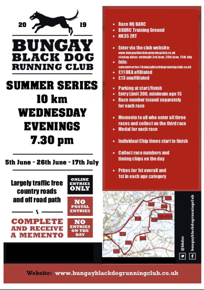 🏃🏻‍♂️ #SummerSeries2019 🏃‍♀️

There’s still time to enter the final 🔟km #race3 taking place on Wednesday 17th July 2019

Online entries are still open and available with more information at 👉 tinyurl.com/y2jfv3f4

#running #bungay #blackdogs #10km #10k #race #run