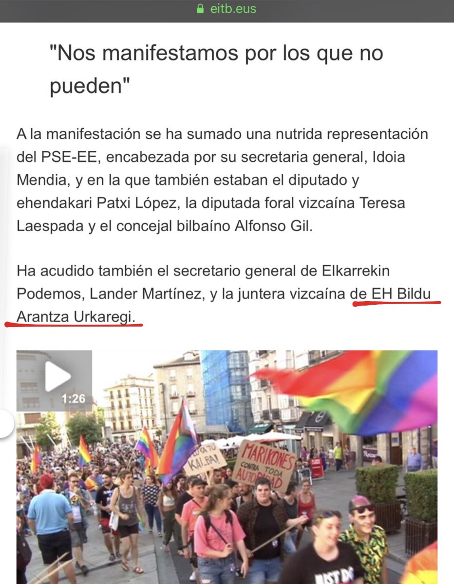 Tonicanto1's tweet photo. Que los filo-etarras de @EHBildu sean quienes porten una pancarta con el lema “nos manifestamos por los que no pueden” es vomitivo.

Curiosamente a quienes justifican los asesinatos de ETA no les escupió nadie en el #OrgulloLGTBI de ayer. https://t.co/MkSmPTE9ts