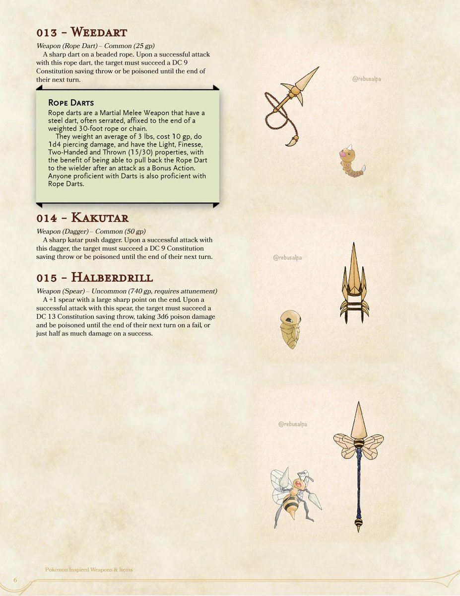 Forester Designs on X: #DnD #Pokemon Magic Items based on art by  @rebusalpa, Page 5/?, #Weedle, #Kakuna, and #Beedrill. I made #RopeDarts a  thing, and there's also a simple poison dagger and