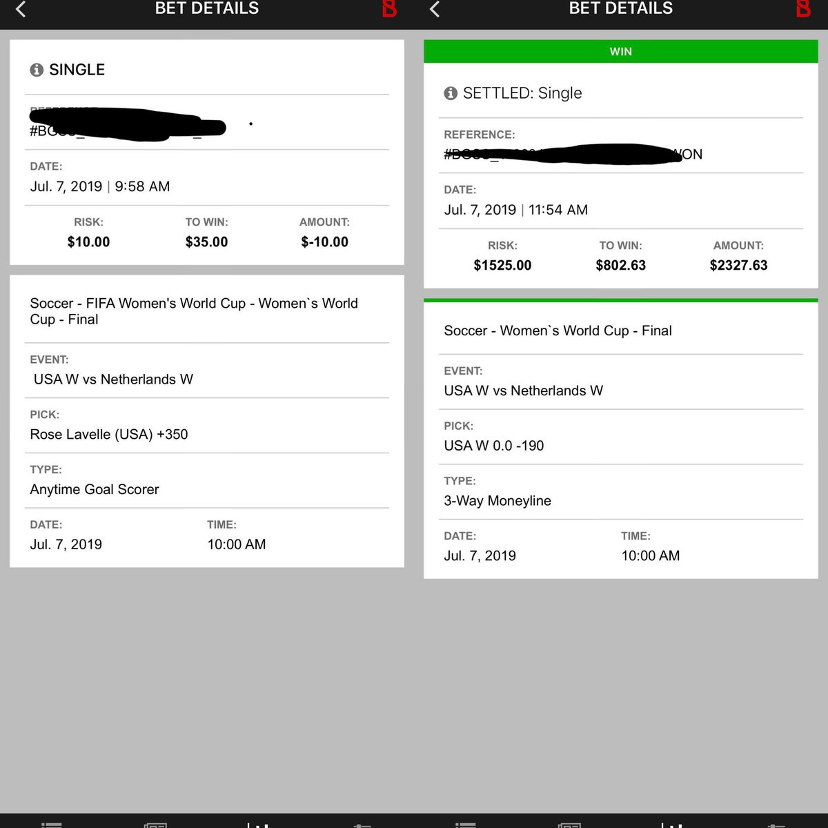 BIG BIG DAY
Went big on 🇺🇸, drank every bit of the juice they gave me. 
Rose Lavelle goal +350 money 💰🤑
USA 🇺🇸 -190 💰🤑

7-1 in Women’s World Cup 🏟 
Best run ever! 
Can’t wait til 2023