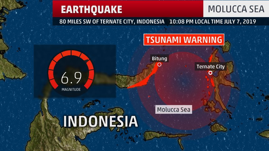 BREAKING NEWS: Tsunami Warning Has Just Issued For Indonesia After a 6.9 Earthquake in The Molucca Sea 80 miles SW of Ternate City.
People Are Told To Head For Higher Ground immediately!
Possible 2 Foot Waves at The Coastline. 
Sending Prayers. 🙏
#Tsunami #Indonesia #Earthquake