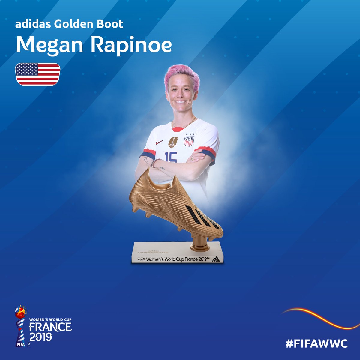 WorldCupLite's tweet photo. Women's World Cup
#France2019

adidas Golden Boot:
 
🥇 Megan RAPINOE - #USA
🥈 Alex MORGAN - #USA
🥉 Ellen WHITE - #ENG

#FIFAWWC #FifaWWC2019 #DareToShine
#FRA #KOR #NOR #NGA
#GER #CHN #ESP #RSA
#AUS #ITA #BRA #JAM
#ENG #SCO #ARG #JPN
#CAN #CMR #NZL #NED
#USA #THA #CHI #SWE https://t.co/8biiQF8B62