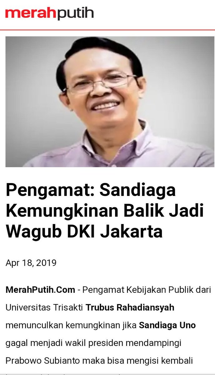 HurriKoRn's tweet photo. Tanggal 18 April 2019 Pengamat politik Univ. Trisakti Trubus Rahadiansyah Udah Prediksi jika Kalah Sandi akan Kembali ke Kursi Wagub nya

-  Jadi gak usah kaget berita Ahir2 ini dia kan balik ke Wagub DKI, karna Biaya kampanye itu Muahal Gaess  😀🙃 https://t.co/g8eswvZx4n