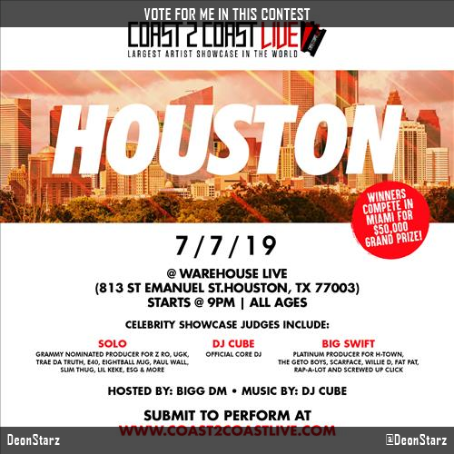 DeonStarz's tweet photo. Vote for me to perform for $50K Grand Prize at #Houston 7/7/19! https://t.co/lXsrVg6SCO #Coast2Coast https://t.co/fwFqVdKYt4