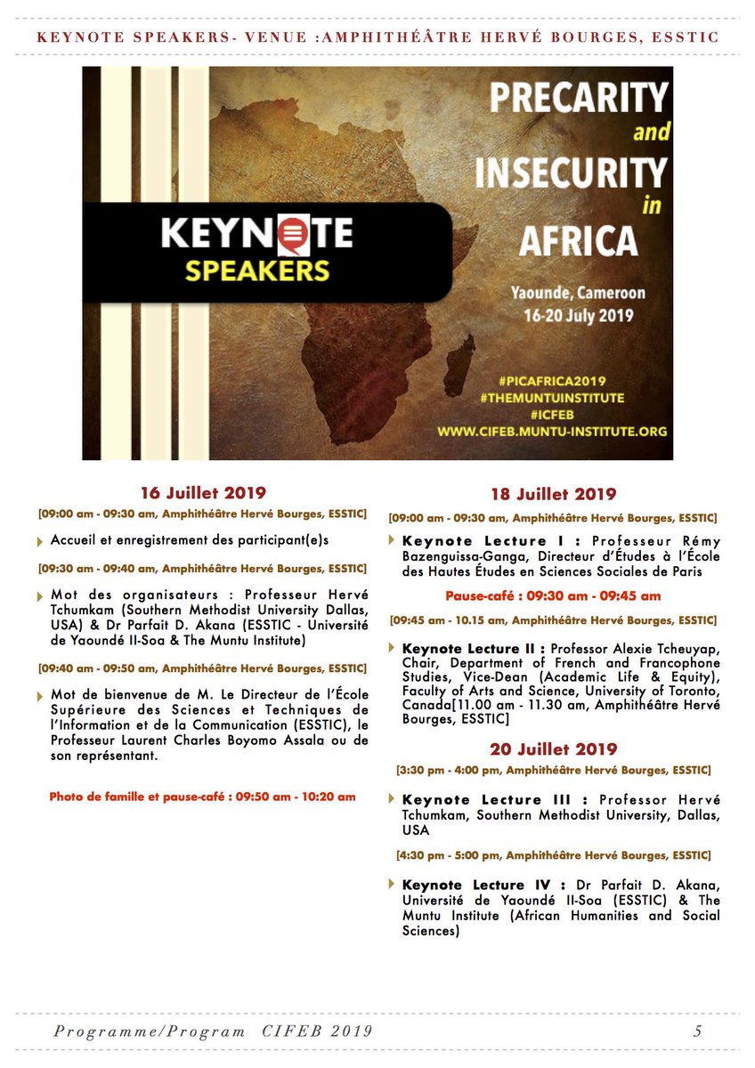 MuntuInstitute's tweet photo. THE PROGRAM (1) - International Conference Fabien Eboussi Boulaga Conférence Internationale Fabien Eboussi Boulaga, Yaounde, 16-20 July 2019
#THEMUNTUINSTITUTE #ICFEB #PICAFRICA2019
#Conference #Philosophy #SocialSciences #Insecurity #Precarity #Africa https://t.co/9wmllOSn6q