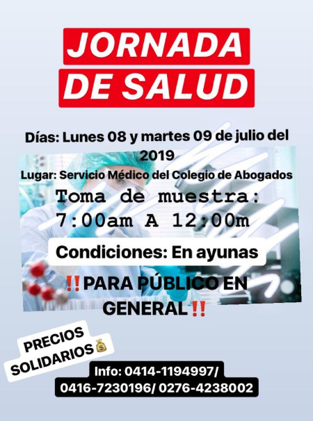 icatachira's tweet photo. La Junta Directiva del Ilustre Colegio de Abogados, presidida por el Dr. Henry Flores Alvarado, invita al Gremio de Abogados y a la Comunidad, en General, a la Jornada de Salud en el Laboratorio  los días Lunes 08-07-2019 y Martes  09-07-2019, a partir de las 7:00 am. https://t.co/9b1FEb1K4k