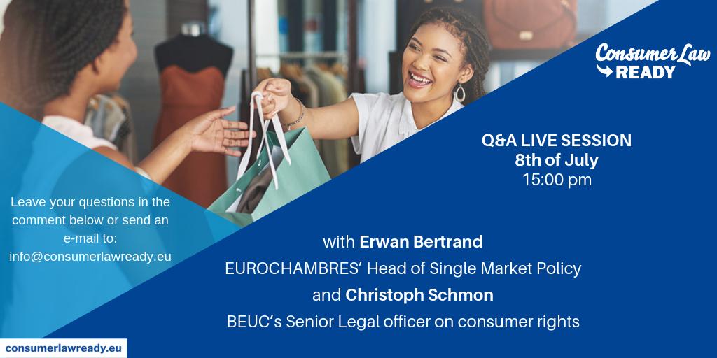 Eurochambres's tweet photo. Today, Consumer Law Ready will bring together experts from @EUROCHAMBRES and @beuc to answer your questions about #EUConsumerLaw. Take part in this session about the programme that helps #SMEs improve #customerservice and #consumertrust in #business. https://t.co/rZhV18nc56 https://t.co/DyHyc1CDHI