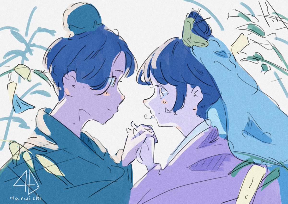 single hair bun hair bun tanabata profile holding hands looking at another blue hair  illustration images