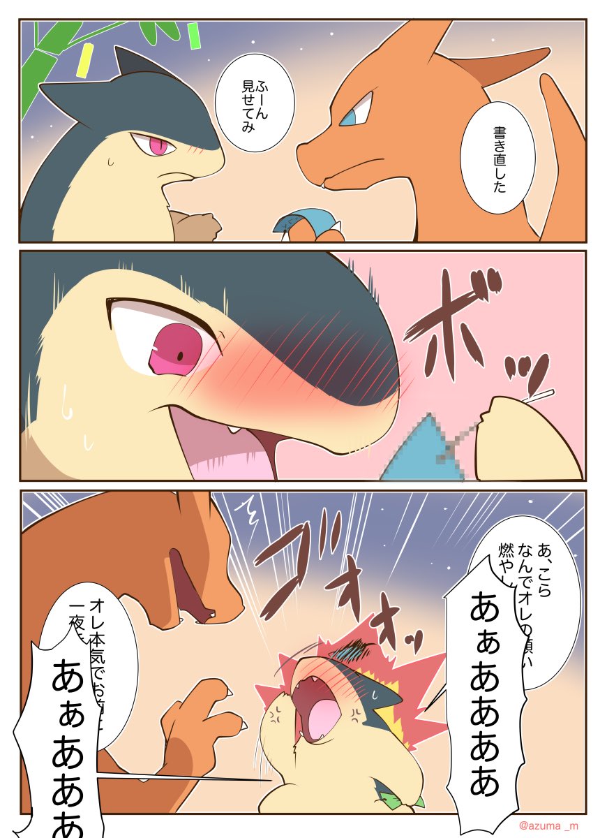 七夕に願い事をする素直なリザードンと照れ屋のバクフーン 