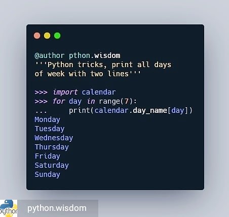 fr33co's tweet image. Reposted from @python.wisdom (@get_regrann) - Using the calendar package of python to print all the days of the week.............. Please share and follow @python.wisdom................ #python #pythoncodesnippets
#pythonwisdom #coding #coder #pythonprogramming #pythondeveloper