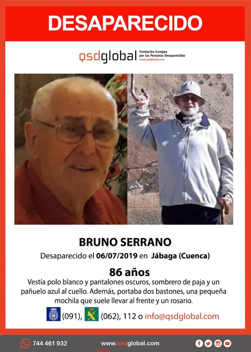 |🆘#URGENTE ⚠️
Bruno tiene 86 años y ha #desaparecido en Jábaga #Cuenca. 

Si lo ves llámanos: 
☎ #062 
☎ 091 
☎ 112

Colabora, tu RT no cuesta nada y puede ayudar a localizarlo.