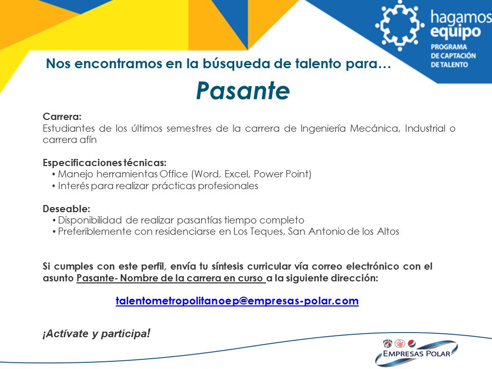 UCV_Noticias's tweet photo. #UCeVistas ¡no te lo pierdas! @empresaspolar esta en la búsqueda de #Pasantes en el área de #Ingeniería #Mecánica #Industrial o carrera a fin - puedes enviar tu #CV al correo electrónico talentometropolitanoep@empresas-polar.com 

#UCVNoticias #Venezuela #Oportunidad #Empleo #UCV https://t.co/A75chjI8uk