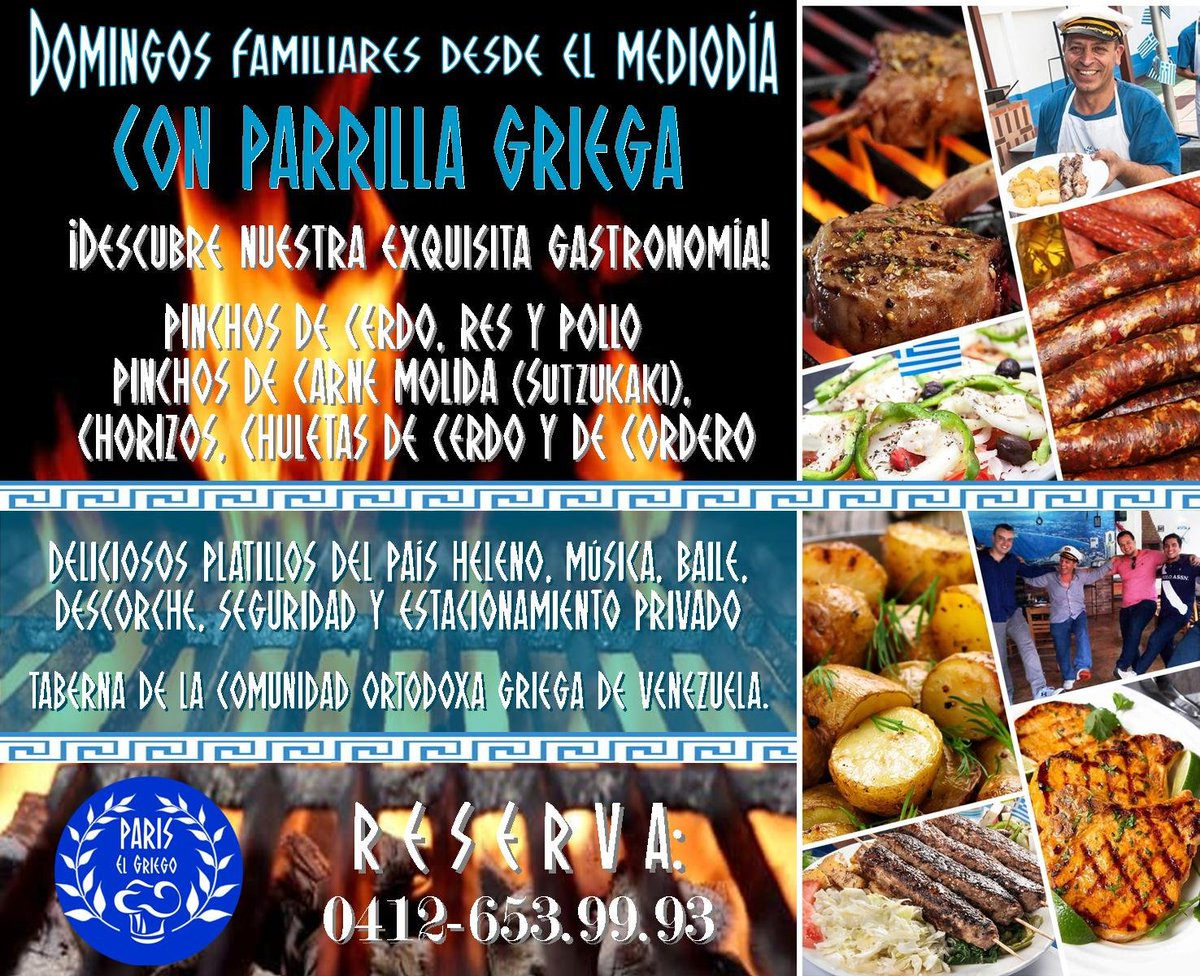 ParisElGriego's tweet photo. Este #DomingoFamiliar @ParisElGriego prenderá los carbones de la #parrilla en la #taberna de la #COGV, para que grandes y chicos disfruten ricos #pinchos y exquisita comida de la auténtica cocina griega.
¡Les esperamos!
Reserva: 0412-653.99.93
#ParisElGriego
#GastronomíaGriega https://t.co/ANjUfb1Lyc