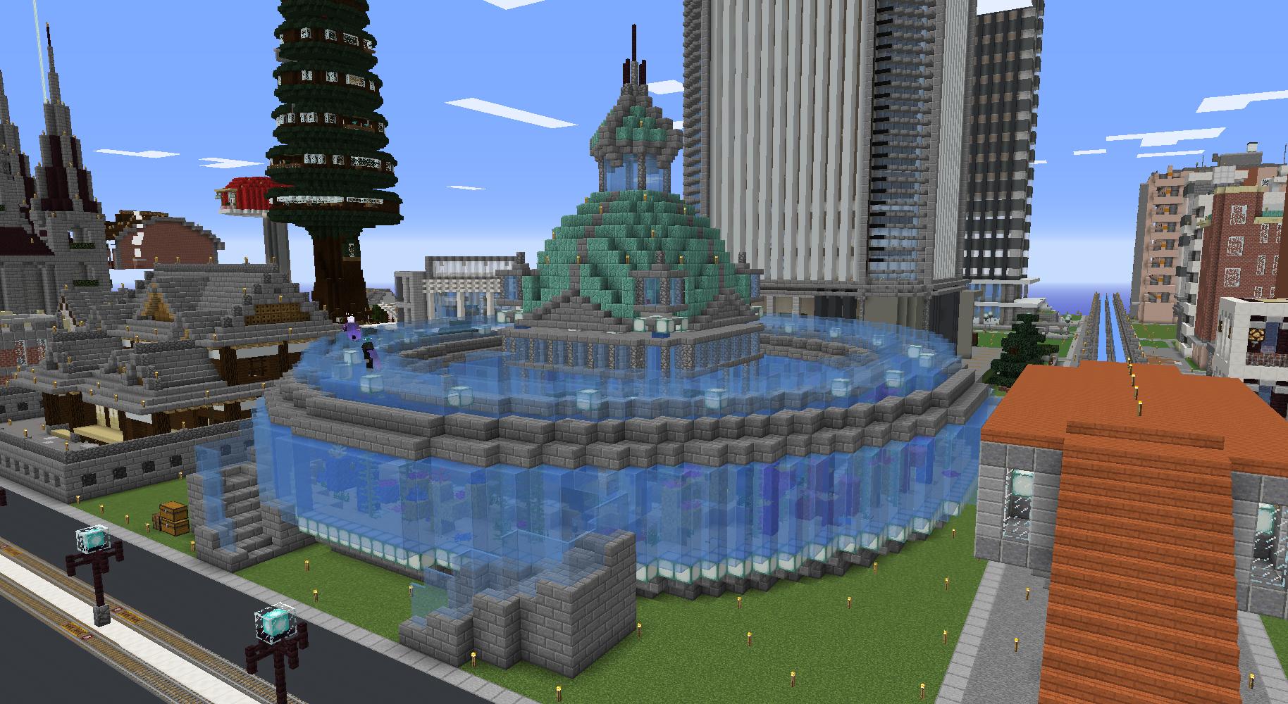 まんまみーや The Minecraft 間宮名所案内 Vol 6 鯖内の名所をご紹介 今回はnoritama1234さんによる水族館 市街地化の進む環状線内北東エリアに位置 丸くスタイリッシュな建物外観 メインとなる水槽の美しさは 観光スポットとして鯖民の目を