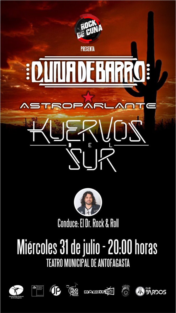 RockCuna's tweet photo. @RockCuna presenta 1era vez en #antofagasta a @kuervosdelsur junto a @CunadeBarro y Astroparlante - entradas disponibles Teatro Municipal @Culturas_Afta @diarioafta @Sernatur_II #rock #kuervos #Espectaculos anima @DocRockandRoll de @futurofm https://t.co/gVDQGcfPS6