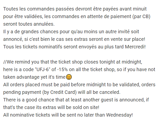 Reunited_Events's tweet photo. #UnitedFandoms Nous vous rappelons que la billetterie ferme ce soir à minuit, voici un code "UFJ-6" de -15% sur toute la billetterie, alors si vous n'en avez pas encore profité c'est le moment😊
https://t.co/3JVVzUfFkR https://t.co/kIfABdLokD