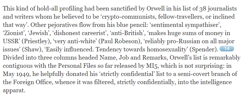 Details of the list written by Orwell from a Frances Stonor Saunders article re. MI5's monitoring of Eric Hosbawm.  https://www.lrb.co.uk/v37/n07/frances-stonorsaunders/stuck-on-the-flypaper?fbclid=IwAR3Ns3iK3SYRTOsn43_UDsmLFJTuijAOQGHCpWi22-m5tIMTzS1URJRVgBg