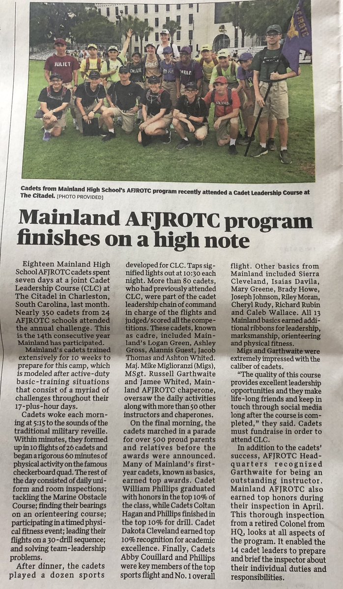 Great to come home 🇺🇸 to news like this! ✨ Proud of our @Mainlandhigh student leaders and the dedication of Maj. Miglioranzi & Sgt. Garthwaite. #BPND 💙💛 #ourfutureleaders  @Citadel1842