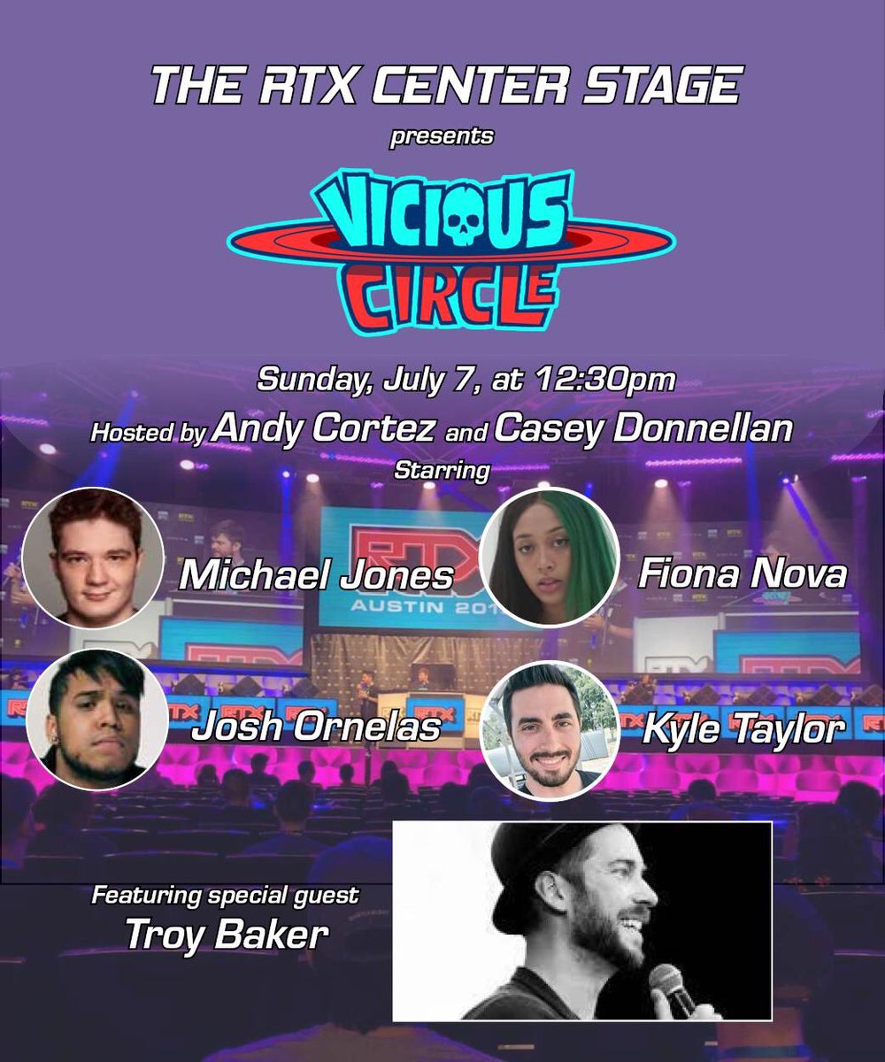 The final showdown for #ViciousCircle starts at the #RTXAustin Center Stage at 12:30pm CT! We’re showcasing our favorite mercs on stage, including special guest @retroreplayshow’s <a href="/TroyBakerVA/">Troy Baker</a> and host <a href="/KindaFunnyVids/">Kinda Funny</a>’s @MaximumCortez! Catch it here LIVE: roosterteeth.com/live/rtx-2019