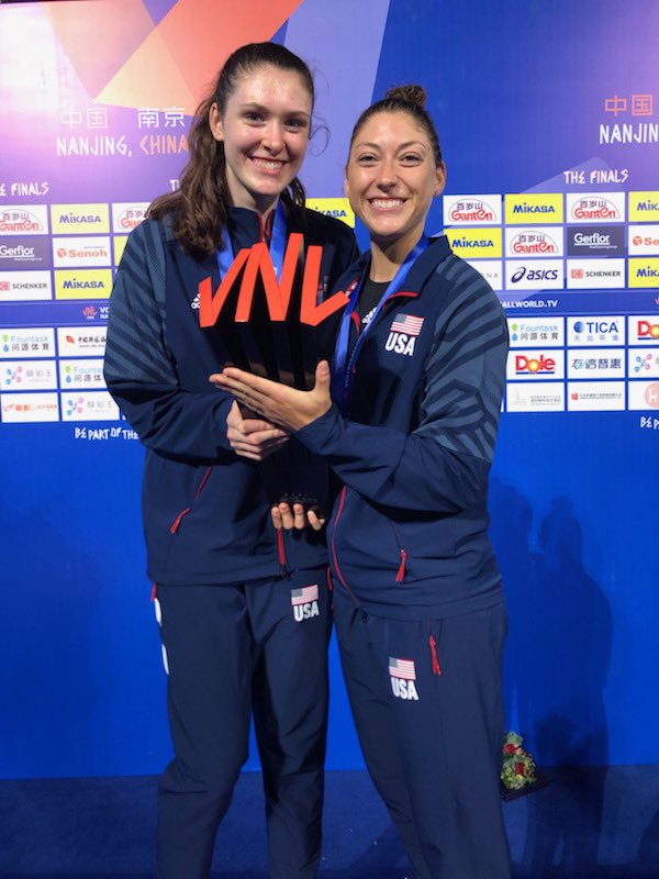 KellyPSheffield's tweet photo. Seven weeks and traveling the globe to win this trophy. What a tournament!  What a finals match!  Congrats to @usavolleyball and to @dana_rettke and @laurencarlini!!  @BadgerVB https://t.co/IBDCB8Nnum