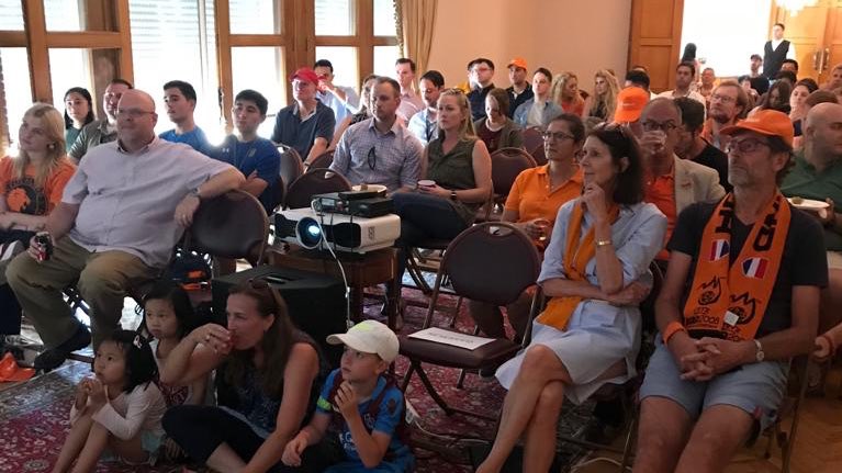 We’re watching the #WorldCup final together with our friends from the Dutch Embassy. Go USA 🇺🇸 <a href="/USWNT/">U.S. Women's National Soccer Team</a>