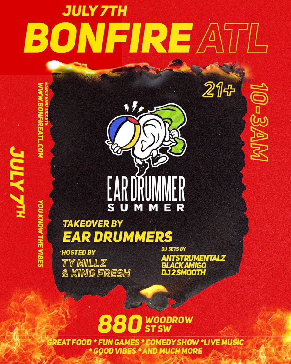 blaznkisses's tweet photo. So tonight #BonfireATL finna be a ๐ฅ we got @retroJACE x @eearz (W/ KULTURE COLLECTIVE performing live tonight. Iโm soooo ready for this #EarDrummerSummer https://t.co/9uV3ygcUiy