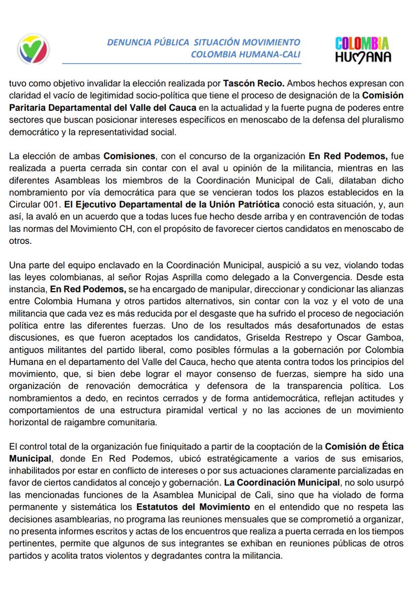 ColombiaHuman16's tweet photo. Compartimos la siguiente denuncia hecha por uno de los colectivos del movimiento político CH en Cali. Seguiremos luchando por una verdadera Cali Humana y esperamos un pronunciamiento a nivel nacional. @petrogustavo @angelamrobledo @AidaAvellaE @HumanaMag @ColombiaHumana_ https://t.co/3r8tg68avb