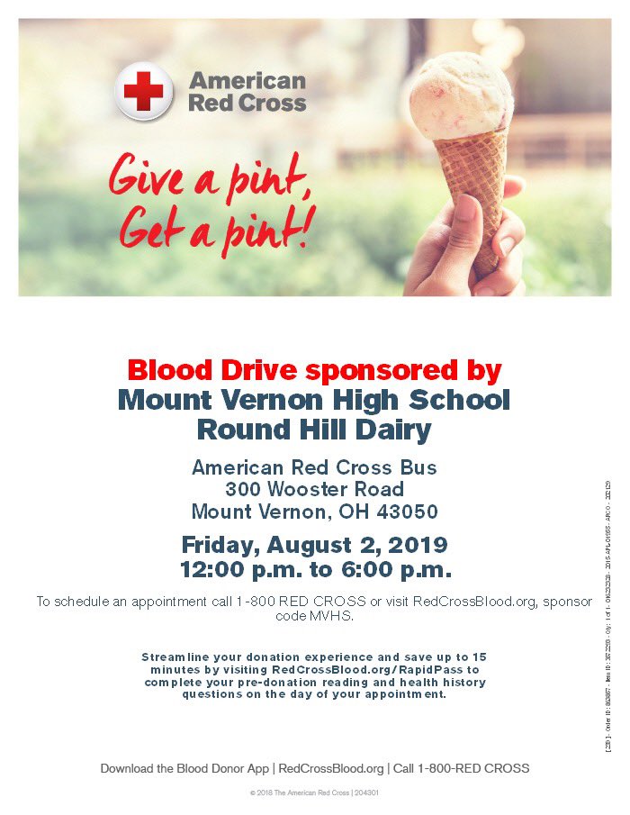 Keaton_EngTeach's tweet photo. Please donate blood on 8/2/2019. ROUND HILL DAIRY graciously offers a PINT of their delicious ice cream for your PINT donation at their location. Visit https://t.co/J5KbvSRIlW to sign up using sponsor code: MVHS @mrC_MVHS @themvhshive @MVHSKeyClub 
@Jsan0900 @mvhsjackets RT! https://t.co/KrkeABQpHx
