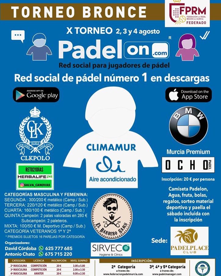 DavidCorme's tweet photo. Ya tenemos el Torneo del Verano 2,3 y 4 de Agosto, ANIVERSARIO PADELON:
-Degustación de productos Herbalife 
-Regalos de la marca Ocho Padel
-Test de palas Ocho Padel
-Sorteo de Palas y material deportivo 
-Camiseta oficial PadelOn
-Fisio...
@padelon @FedPadelMurcia @Padelanto https://t.co/rtsQTWT41E