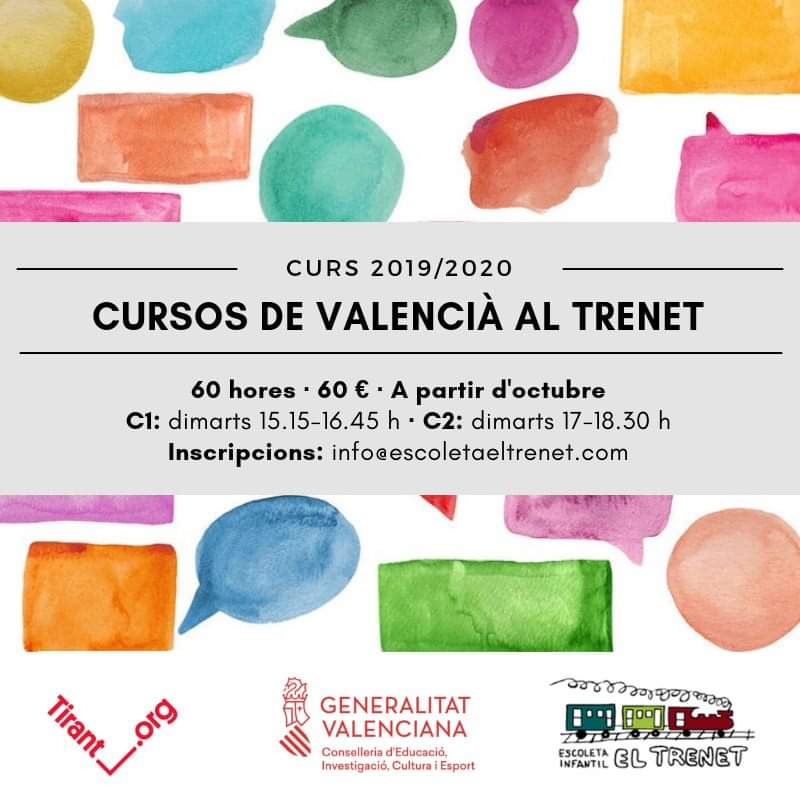 Com cada any, a l'octubre començaran al Trenet cursos de valencià per a adults, organitzats per l'<a href="/acvtirant/">ACV Tirant lo Blanc</a> amb el suport de la <a href="/GVAeducacio/">GVA Educació</a>.
Si hi esteu interessats, envieu-nos un correu a info@escoletaeltrenet.com.
Ens ajudeu a difondre-ho entre les vostres amistats? Gràcies!