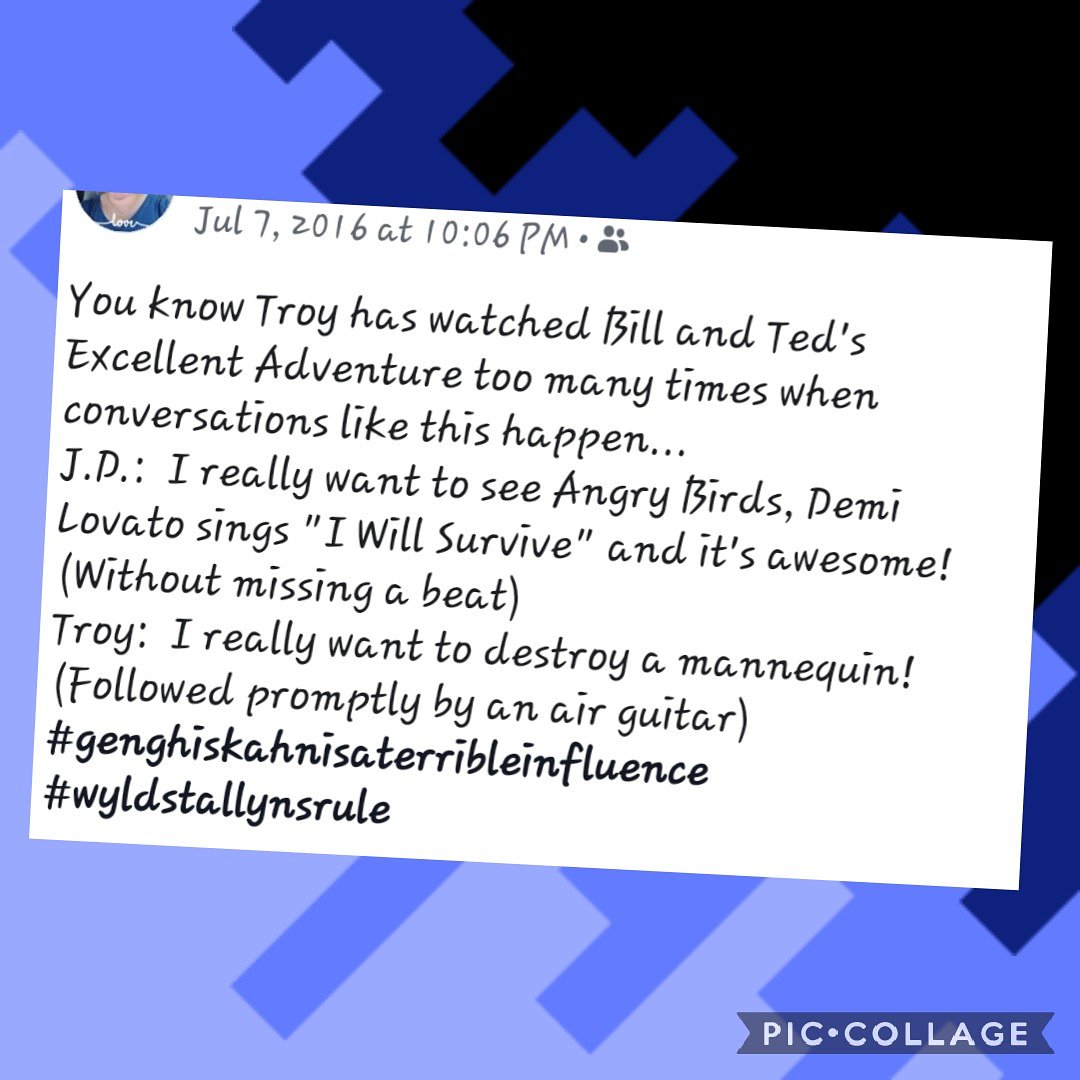 AccordingToTroy's tweet image. 3 years ago Troy's mom posted this.  Bill &amp;amp; Ted's Excellent Adventure remains one of his favorites!  #thingstroysays  #wyldstallynsrules #BillandTed #BillandTed3 #mostlyawesomeentertainment #thispostdoesnotcondonepunchingmannequins