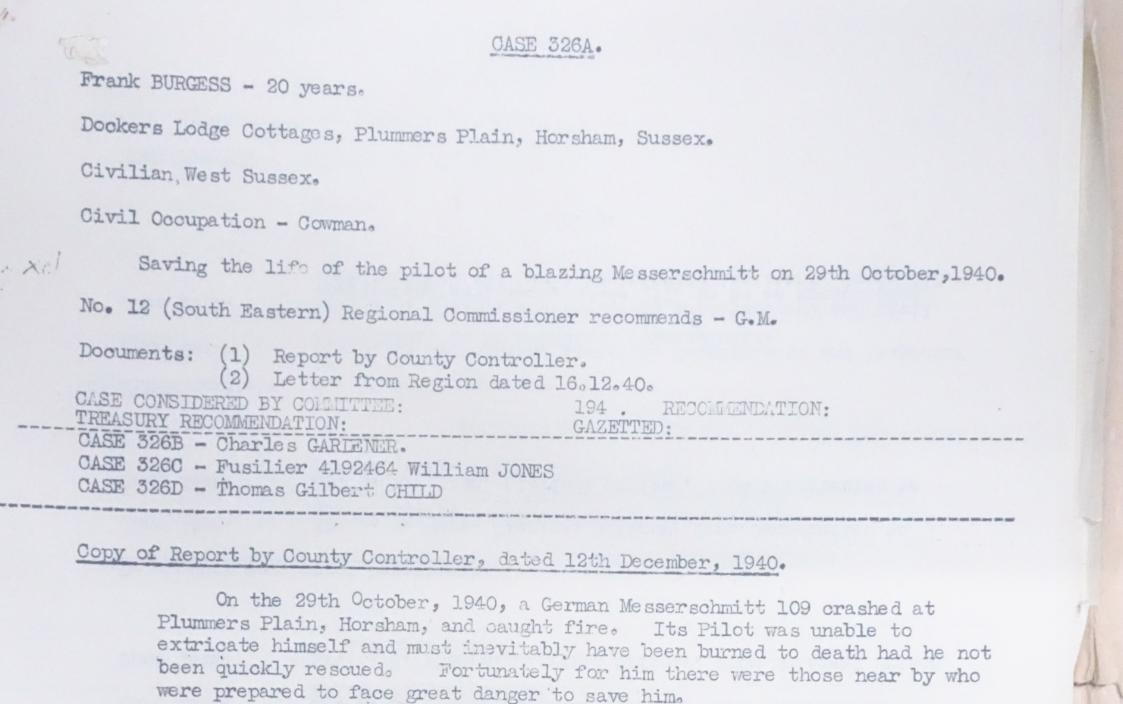 Interested in tracing the family of Frank Burgess, a cowman in  Plumbers Plain Horsham, East Sussex, who saved the life of a German Me109 Pilot trapped in burning wreckage in the Battle of Britain #WW2. 

Can anyone assist with re-tweets to organisations in Sussex who can help?
