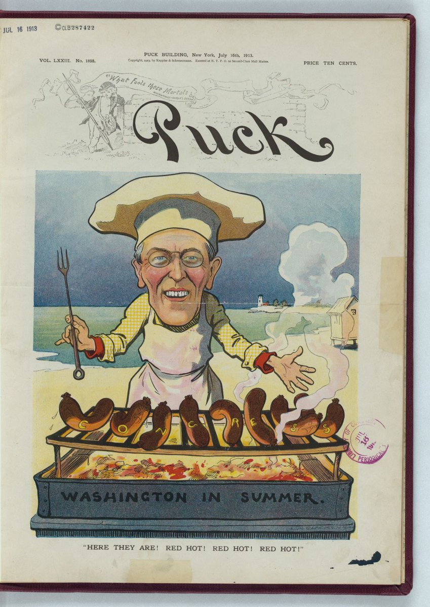 TR_Center's tweet photo. We're featuring items in the #TRDL that celebrate #Summer throughout July and August. First up, a July 1913 cartoon from L. M. Glackens featuring #PresidentWilson roasting hot dogs labeled "Congress" on a grill labeled "Washington in Summer."
Original: https://t.co/PYx7RR1oBX https://t.co/H74NxU39U8