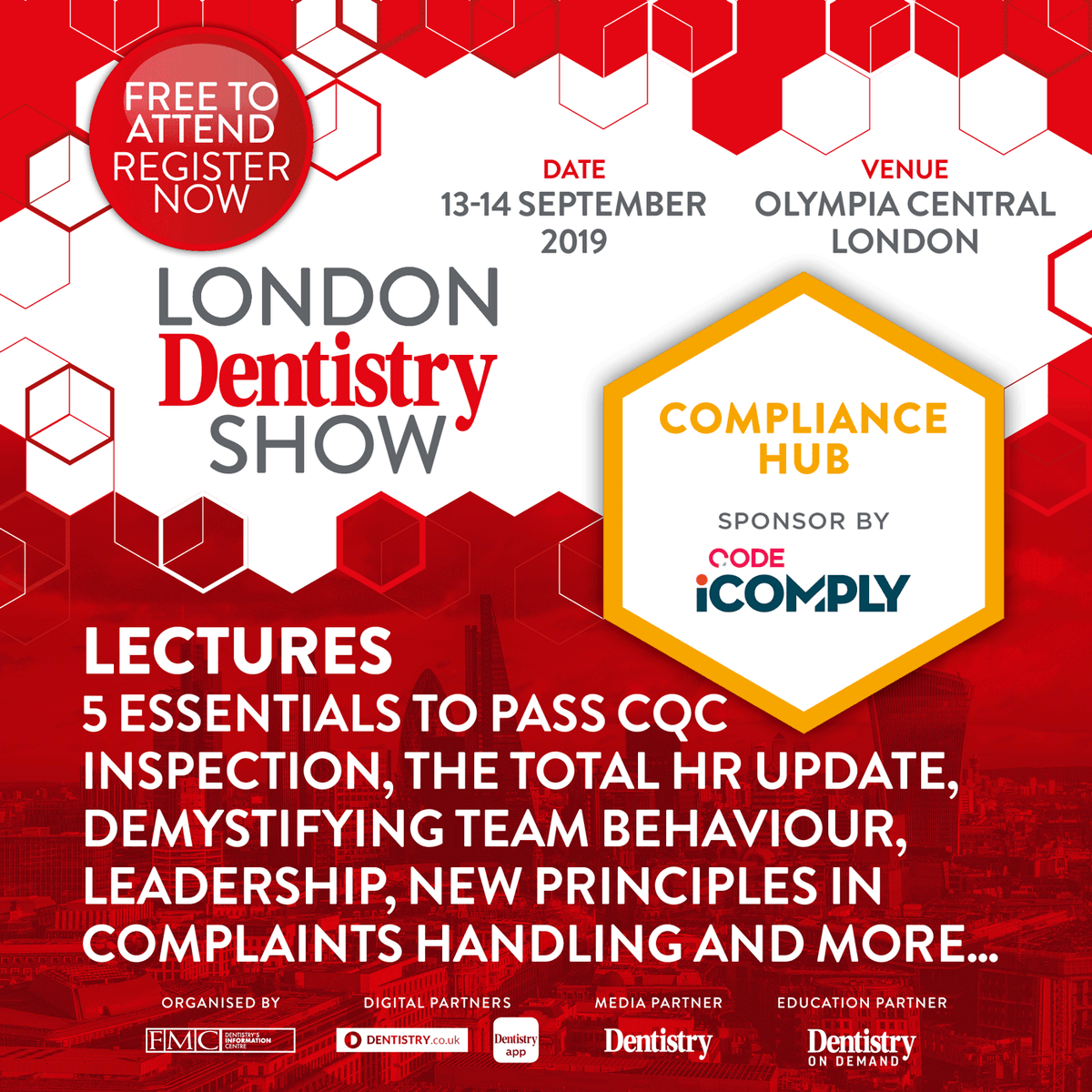 The Compliance Hub will take place on 13 and 14 September at the London Dentistry Show – get your free ticket to listen to hot topics at a great exhibition! #londondentistryshow #dentist #dentistry

👉 bit.ly/2NxPbHq 👈